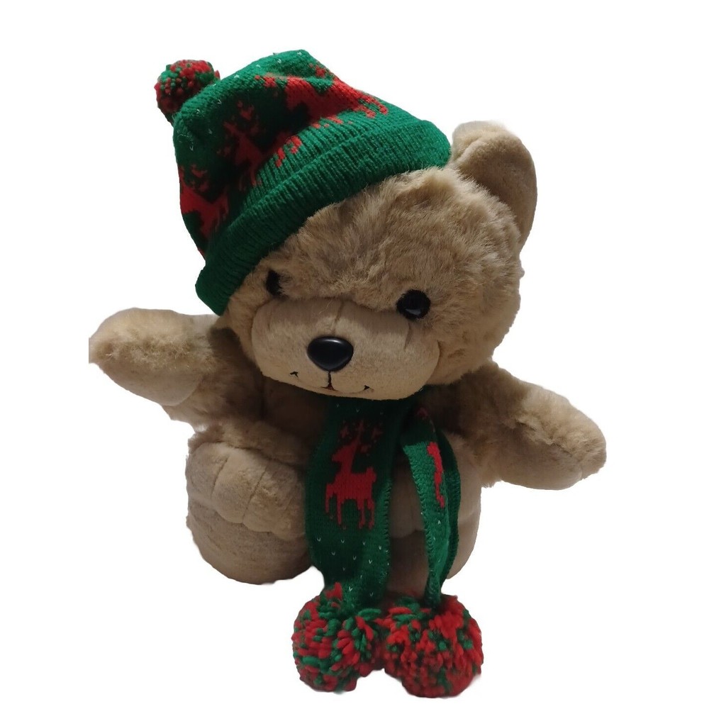 Vintage Christmas teddy bear stuffed plush animal green red hat/scarf 16" Roses